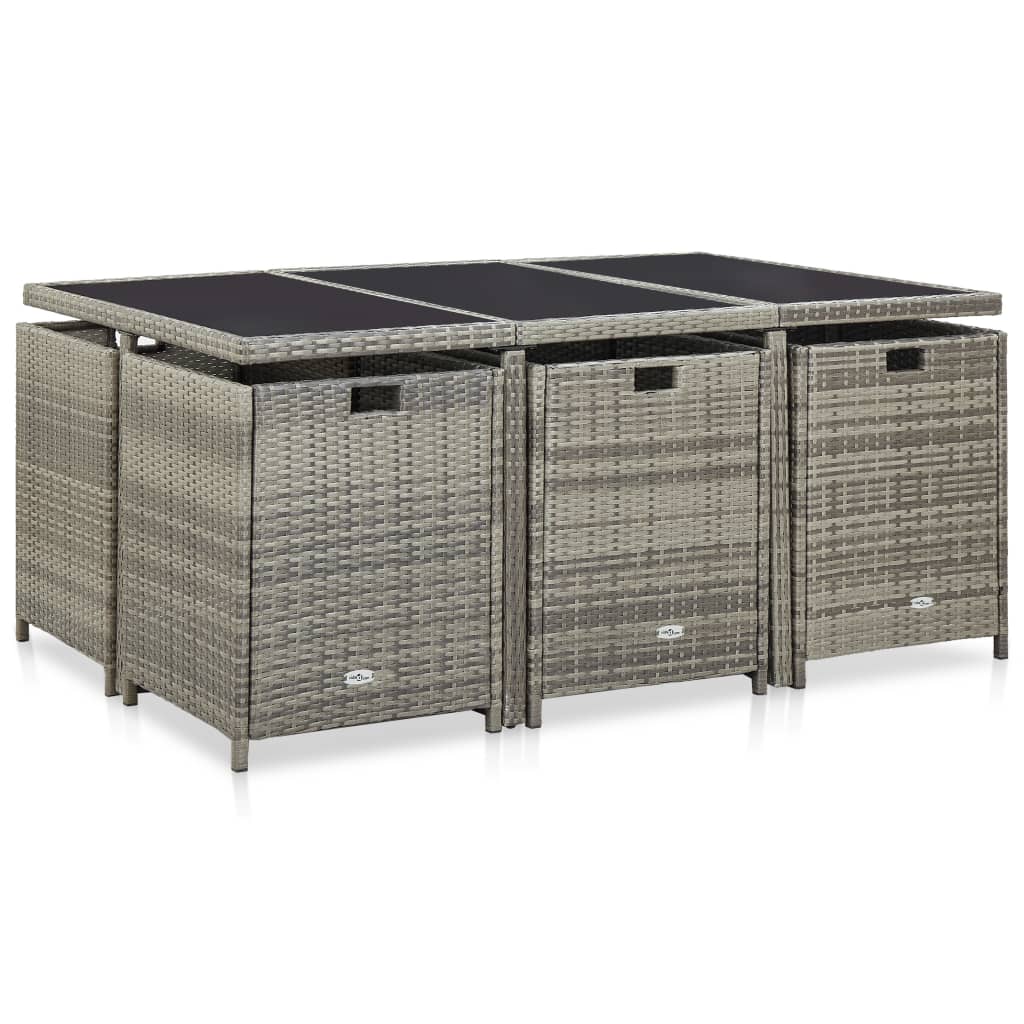 -Delige Tuinset Met Kussens Poly Rattan Grijs 167 cm tafellengte 6x Fauteuil + 4x voetensteun + Tafel