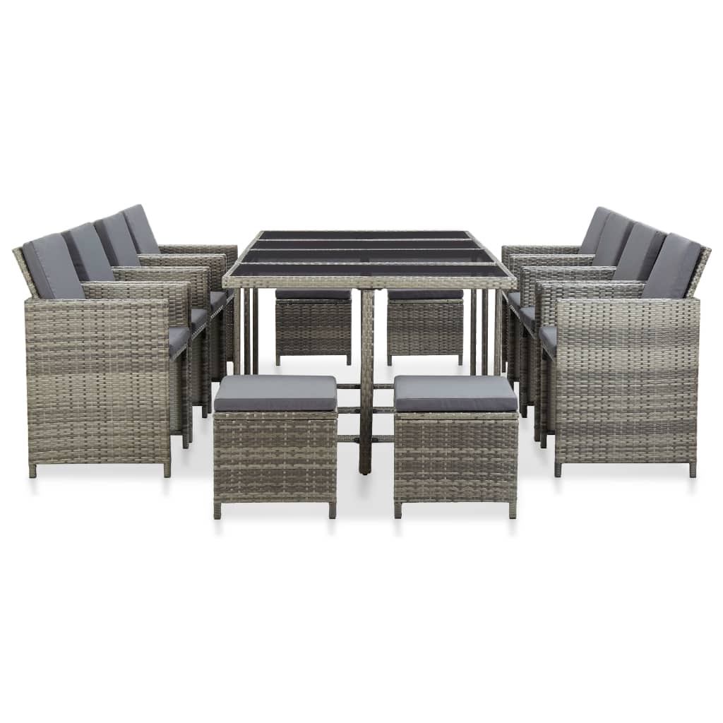 3-Delige Tuinset Met Kussens Poly Rattan Grijs 225 cm tafellengte 8x Fauteuil + 4x voetensteun + Tafel