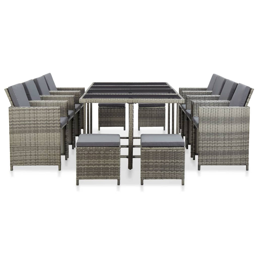 3-Delige Tuinset Met Kussens Poly Rattan Grijs 225 cm tafellengte 8x Fauteuil + 4x voetensteun + Tafel