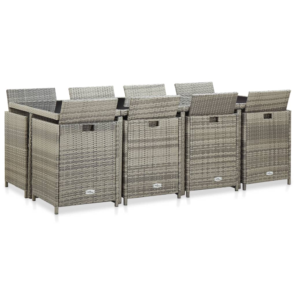 3-Delige Tuinset Met Kussens Poly Rattan Grijs 225 cm tafellengte 8x Fauteuil + 4x voetensteun + Tafel
