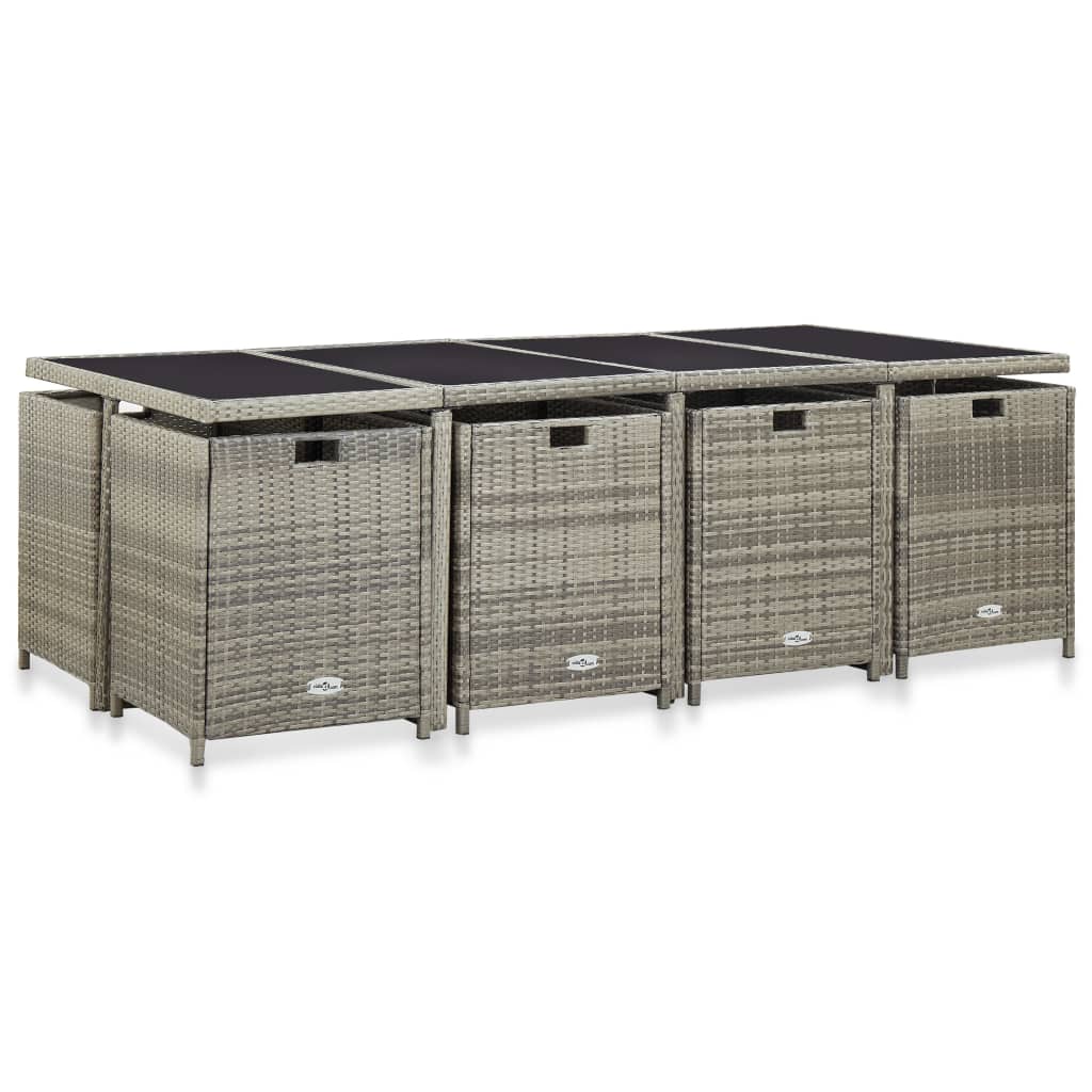 3-Delige Tuinset Met Kussens Poly Rattan Grijs 225 cm tafellengte 8x Fauteuil + 4x voetensteun + Tafel