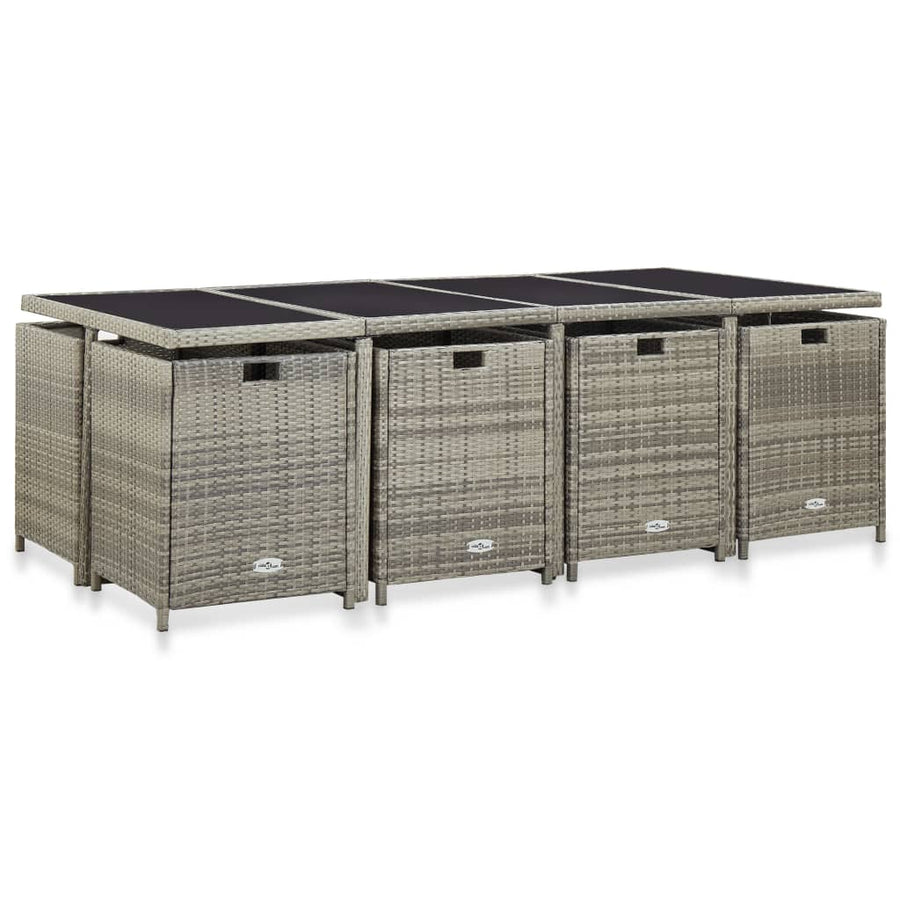 3-Delige Tuinset Met Kussens Poly Rattan Grijs 225 cm tafellengte 8x Fauteuil + 4x voetensteun + Tafel