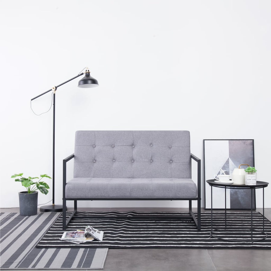 Tweezitsbank met armleuningen staal en stof lichtgrijs
