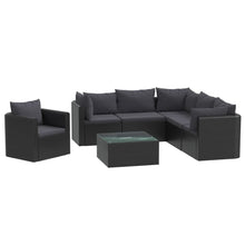 7-Delige Loungeset Met Kussens Poly Rattan Zwart 3x hoek + 2x midden + Fauteuil + Tafel
