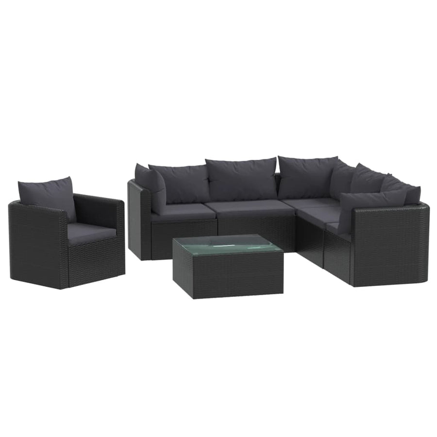 7-Delige Loungeset Met Kussens Poly Rattan Zwart 3x hoek + 2x midden + Fauteuil + Tafel