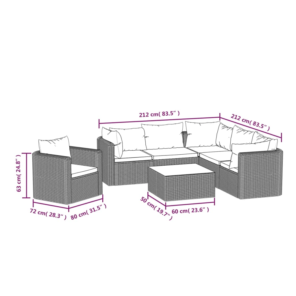 7-Delige Loungeset Met Kussens Poly Rattan Zwart 3x hoek + 2x midden + Fauteuil + Tafel