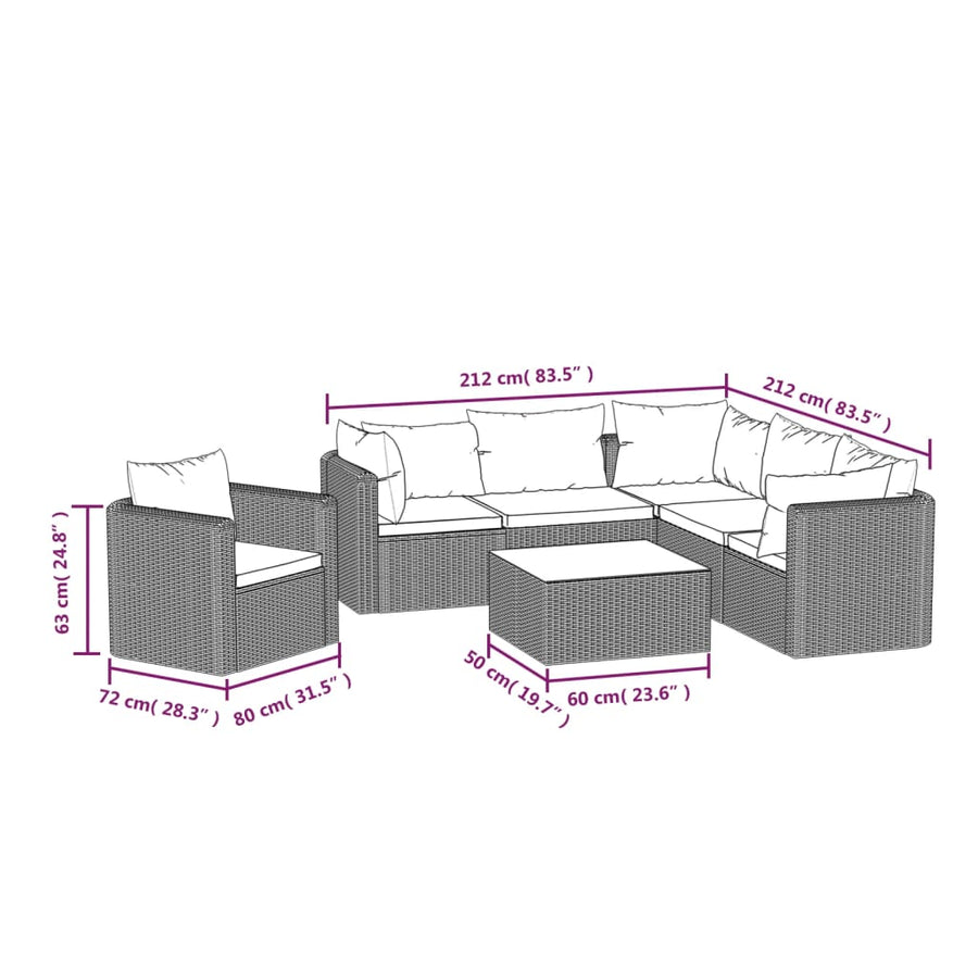 7-Delige Loungeset Met Kussens Poly Rattan Zwart 3x hoek + 2x midden + Fauteuil + Tafel