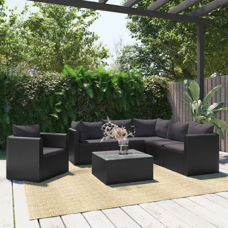 7-Delige Loungeset Met Kussens Poly Rattan Zwart 3x hoek + 2x midden + Fauteuil + Tafel
