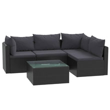 5-delige Loungeset met kussens poly rattan zwart