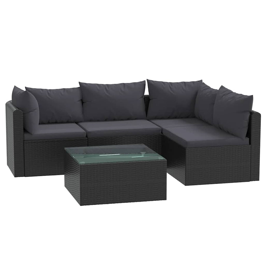 5-delige Loungeset met kussens poly rattan zwart
