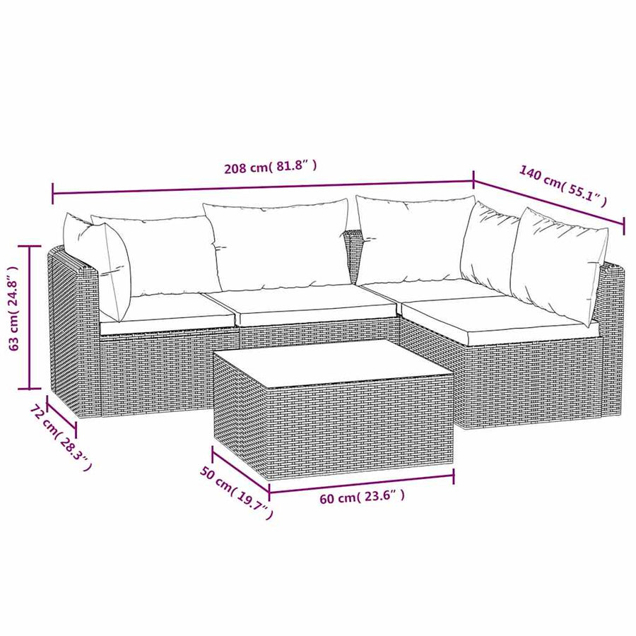 5-delige Loungeset met kussens poly rattan zwart