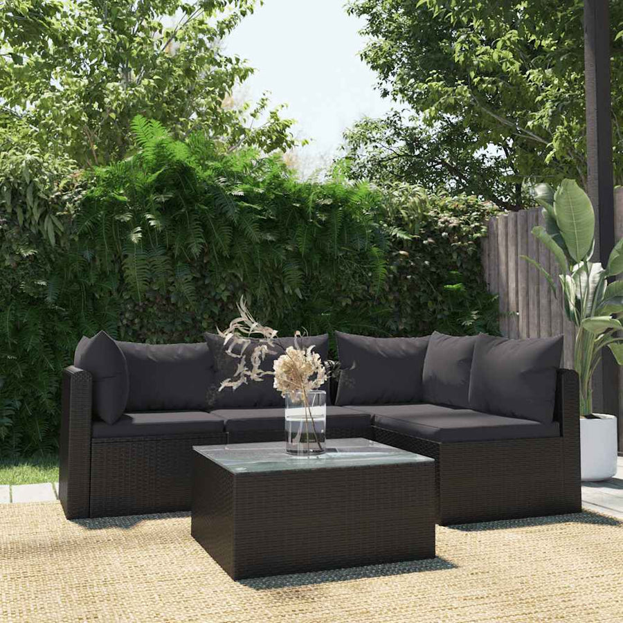 5-delige Loungeset met kussens poly rattan zwart