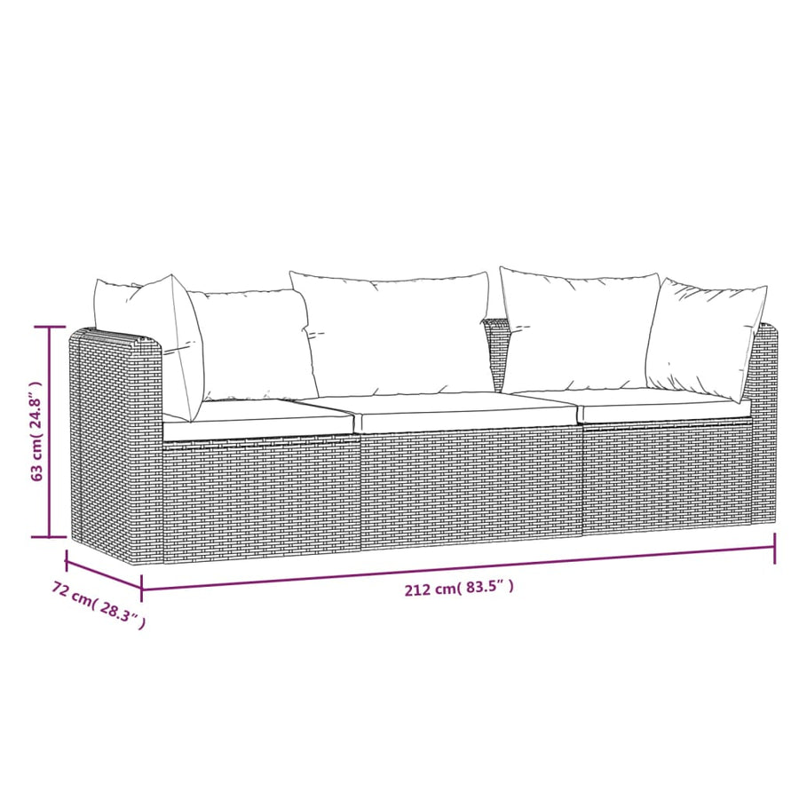 3-Delige Loungeset Met Kussens Poly Rattan Zwart Driezitsbank