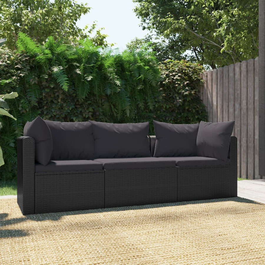 3-Delige Loungeset Met Kussens Poly Rattan Zwart Driezitsbank