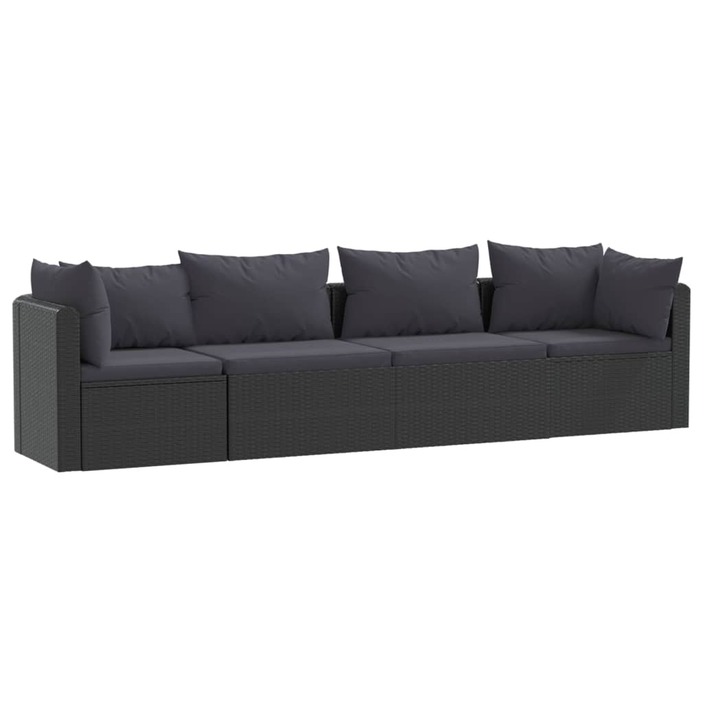 4-Delige Loungeset Met Kussens Poly Rattan Zwart Vierzitsbank