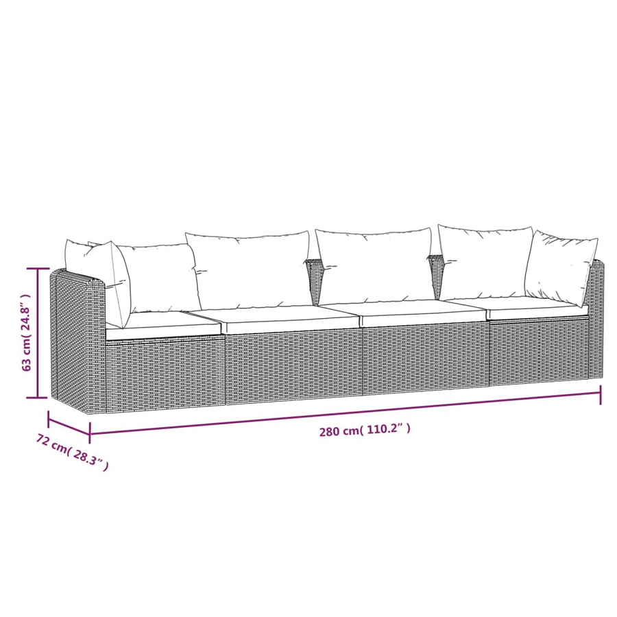 4-Delige Loungeset Met Kussens Poly Rattan Zwart Vierzitsbank