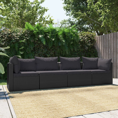 4-Delige Loungeset Met Kussens Poly Rattan Zwart Vierzitsbank