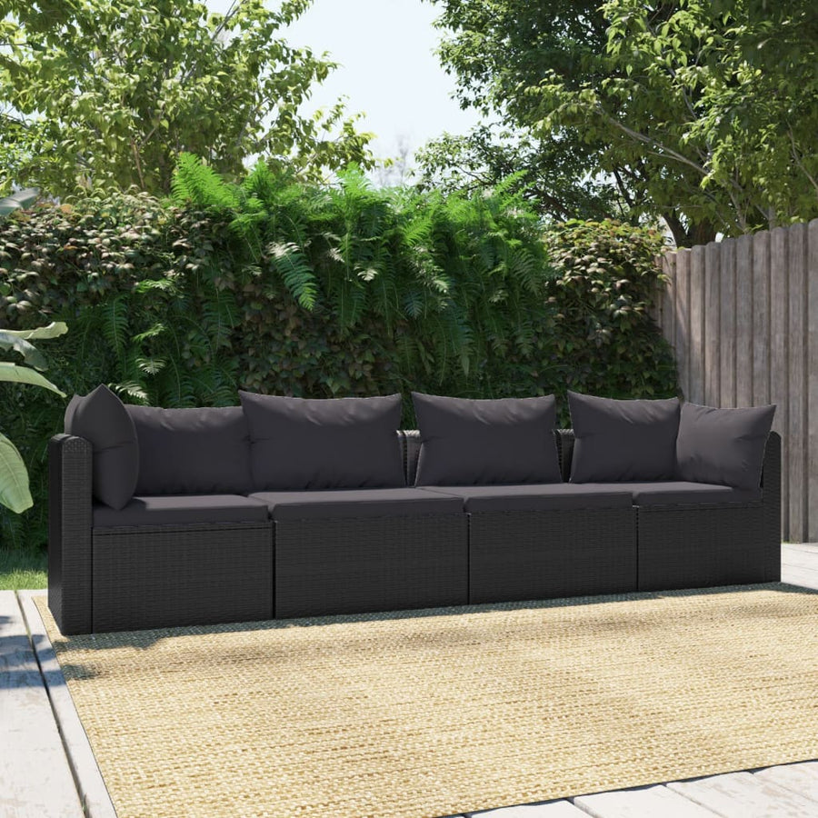 4-Delige Loungeset Met Kussens Poly Rattan Zwart Vierzitsbank