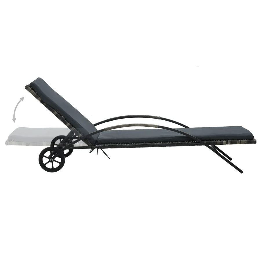 Ligbed met kussen en wielen poly rattan antraciet