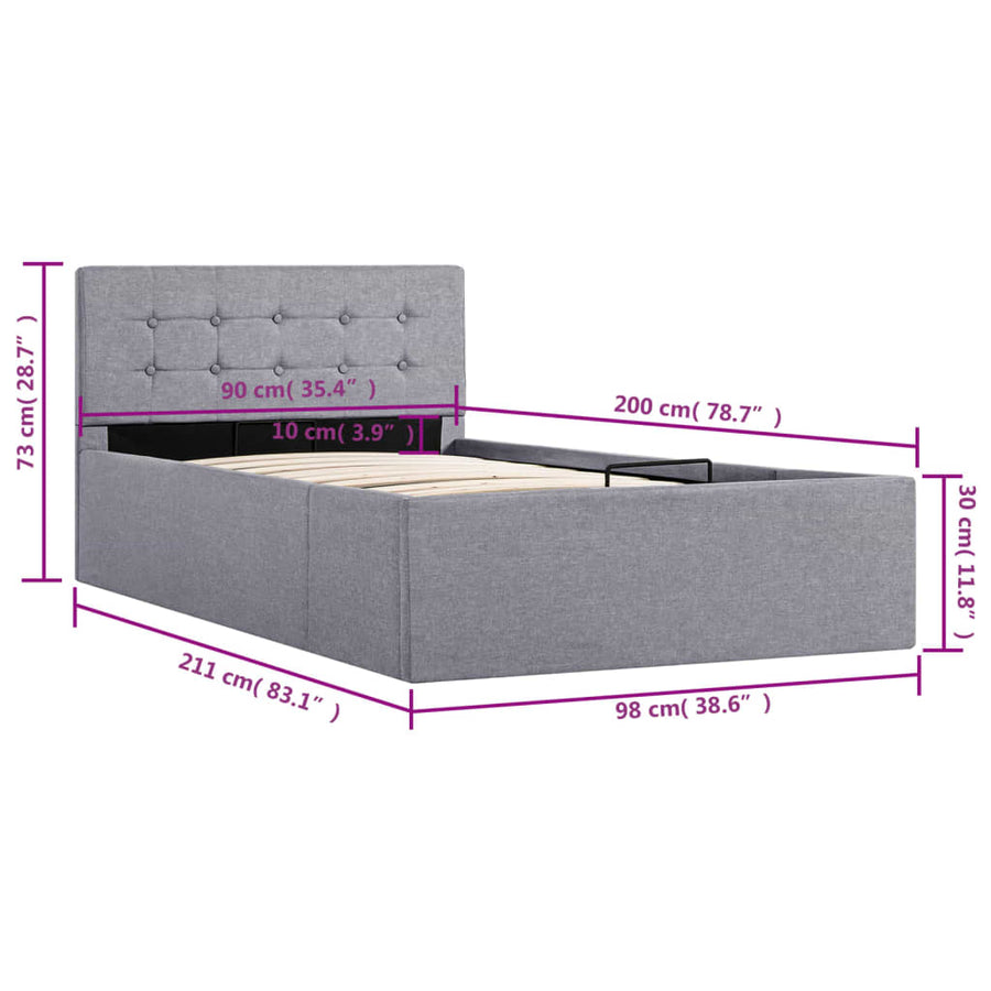 Bedframe met hydraulische opslag stof lichtgrijs 90x200 cm