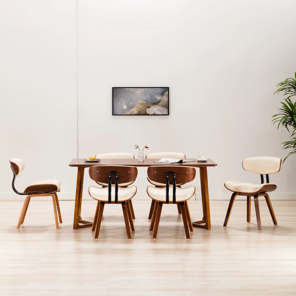 Eetkamerstoelen 6 st gebogen hout en kunstleer crème