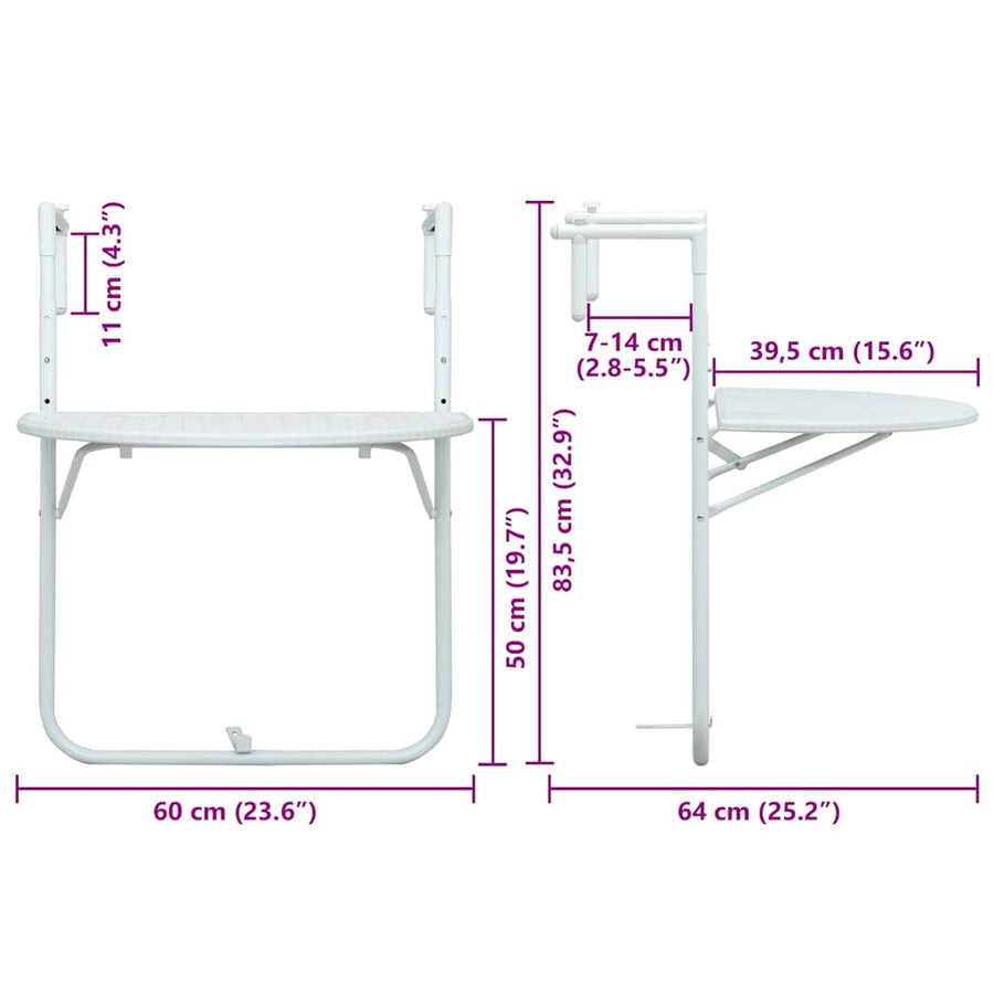 Balkontafel hangend 60x64x83,5 cm rattan-look kunststof wit