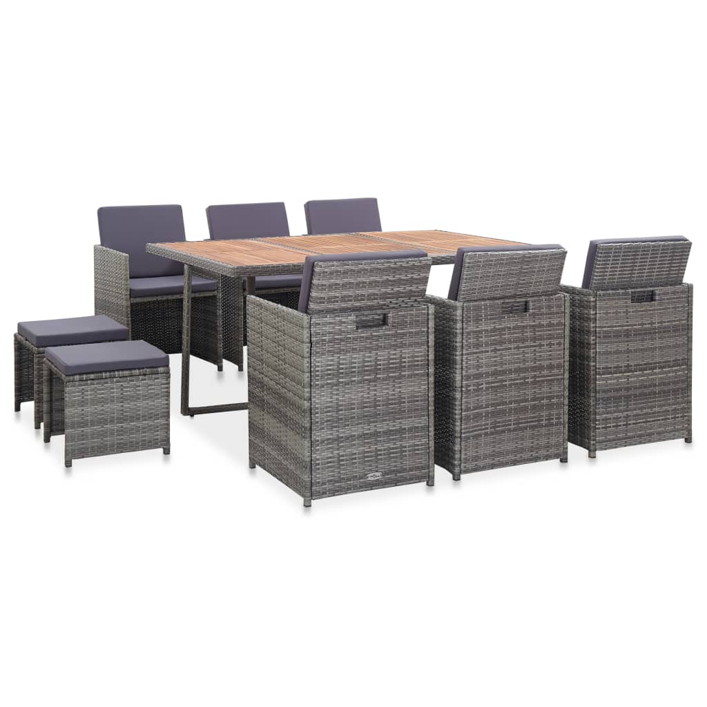 11-Delige Tuinset Poly Rattan En Acaciahout Antraciet 167 cm tafellengte 6x Fauteuil + 4x voetensteun + Tafel