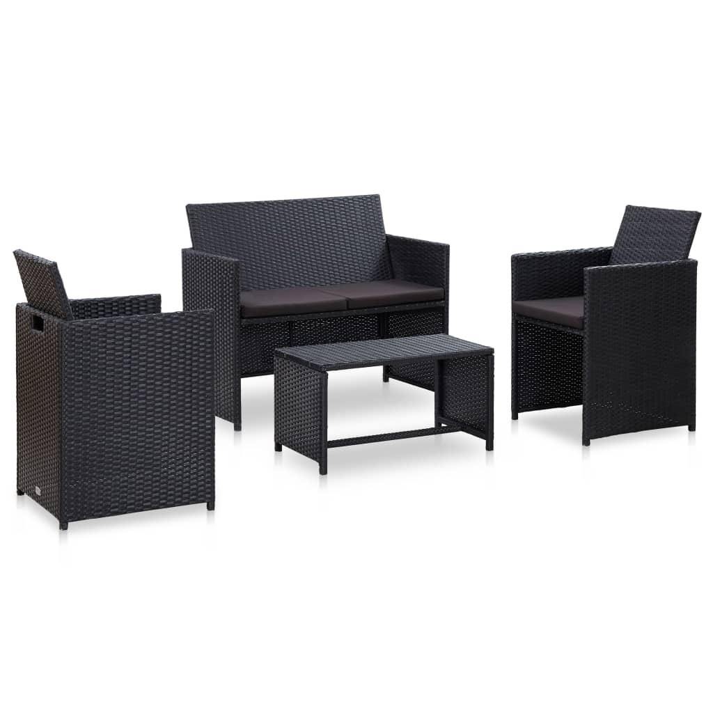 4-delige Loungeset met kussens poly rattan zwart