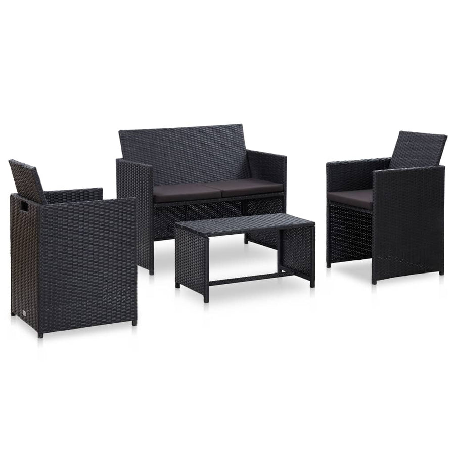 4-delige Loungeset met kussens poly rattan zwart