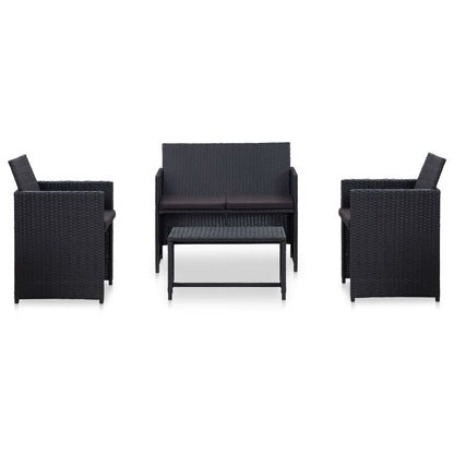 4-delige Loungeset met kussens poly rattan zwart