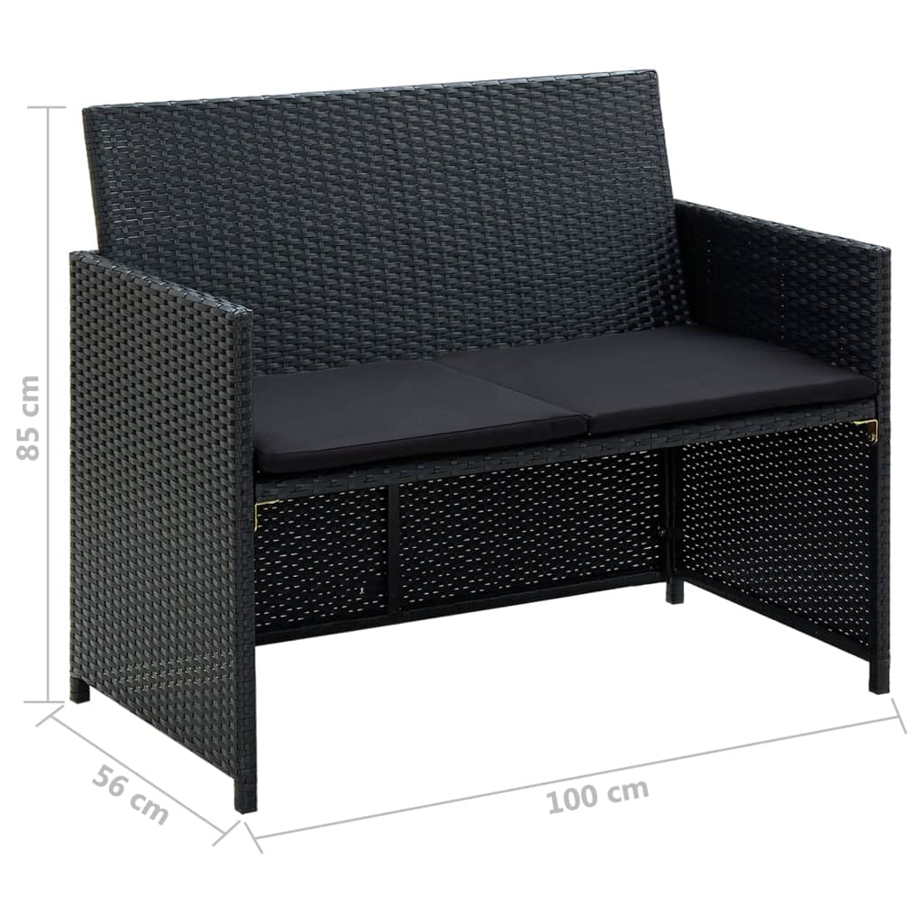 4-delige Loungeset met kussens poly rattan zwart