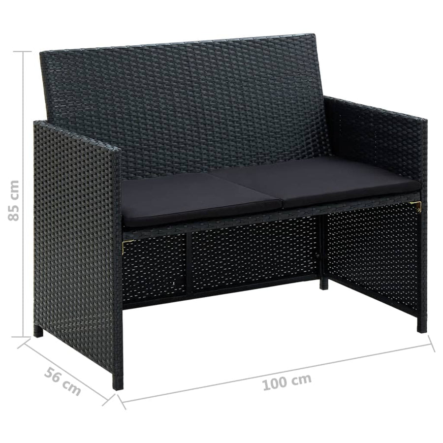 4-delige Loungeset met kussens poly rattan zwart
