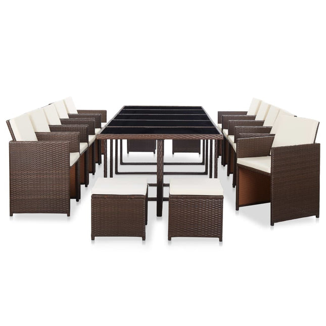 15-Delige Tuinset Met Kussens Poly Rattan Bruin 10x Fauteuil + 4x voetensteun + Tafel