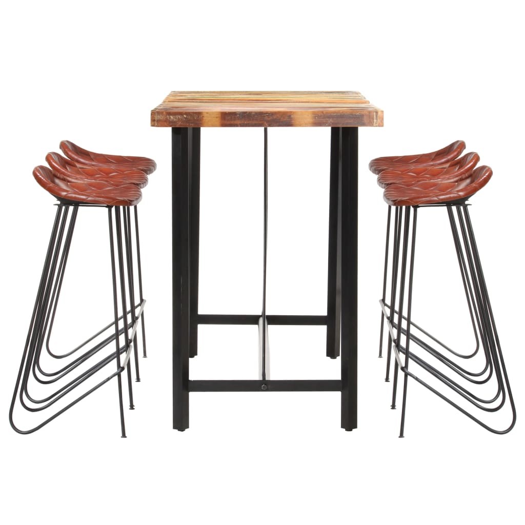 7-delige Barset massief gerecycled hout en echt leer