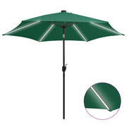 Parasol 300 cm groen met LED-verlichting aluminium paal