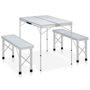 Folding camping table with 2 benches, aluminum, white