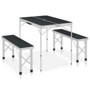 Folding camping table with 2 benches aluminum grey