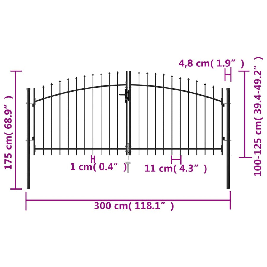 Poort Met Puntige Bovenkant Dubbel 3X1,25 M Staal Zwart 3 x 1.25 m