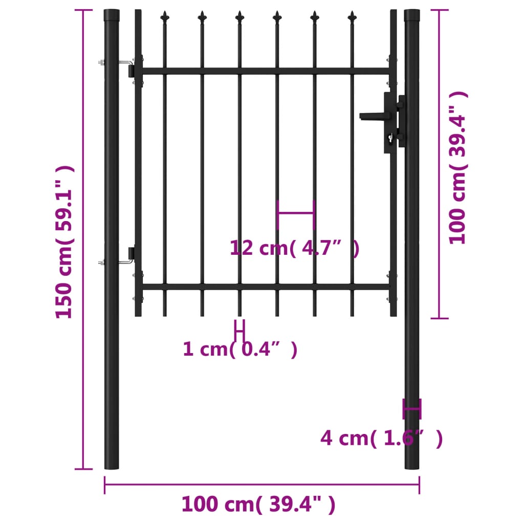 Poort met puntige bovenkant enkel 1x1 m staal zwart 1 x 1 m Puntige bovenkant
