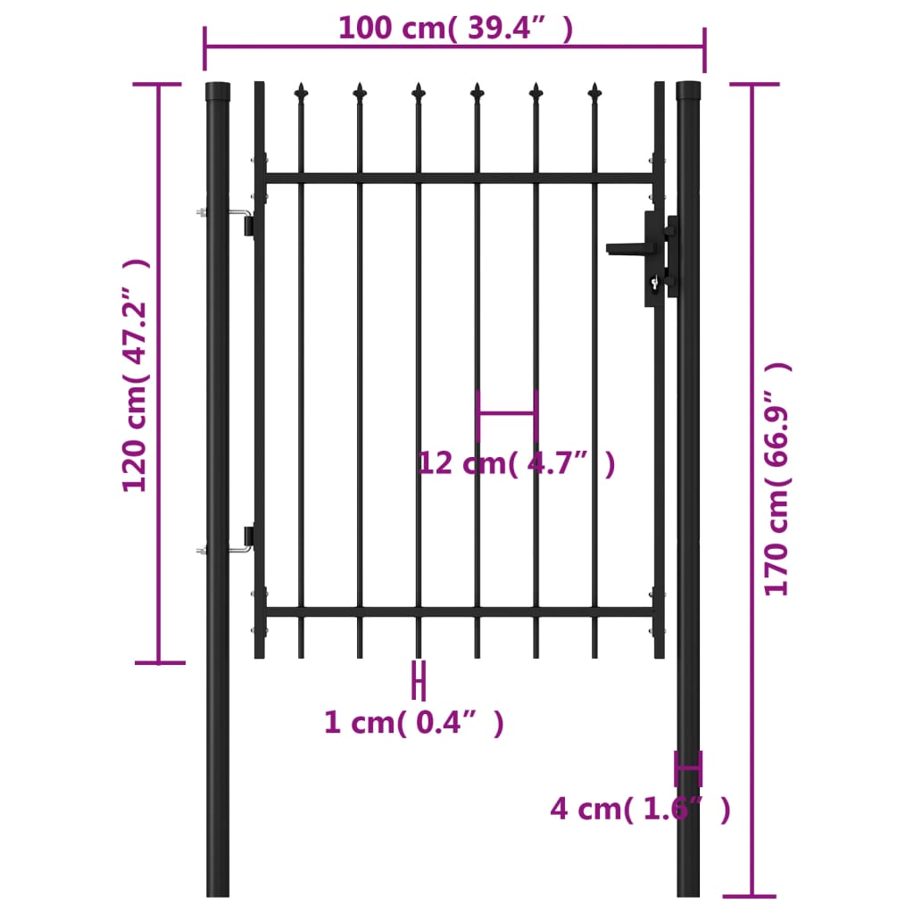 Poort met puntige bovenkant enkel 1x1,2 m staal zwart 1 x 1.2 m Puntige bovenkant