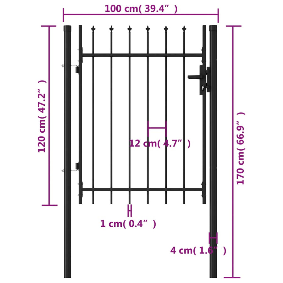 Poort met puntige bovenkant enkel 1x1,2 m staal zwart 1 x 1.2 m Puntige bovenkant
