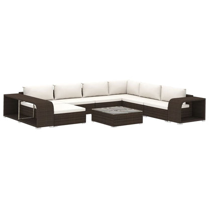 10-delige Loungeset met kussens poly rattan bruin