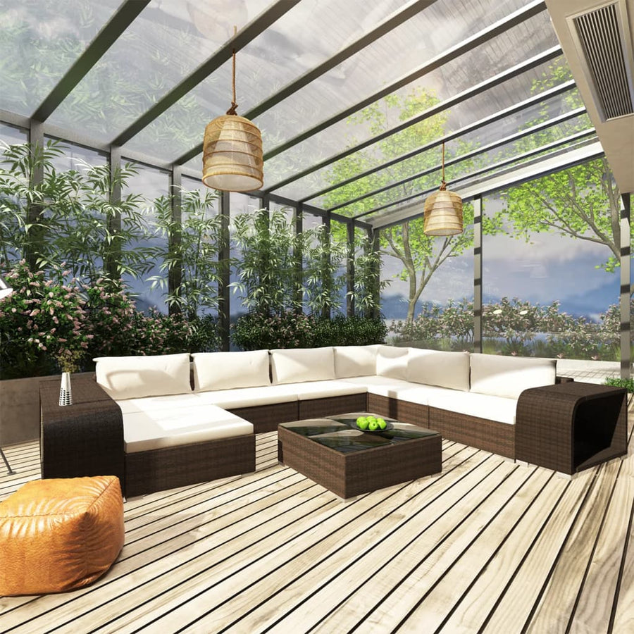 10-delige Loungeset met kussens poly rattan bruin