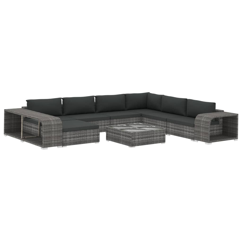 10-delige Loungeset met kussens poly rattan grijs
