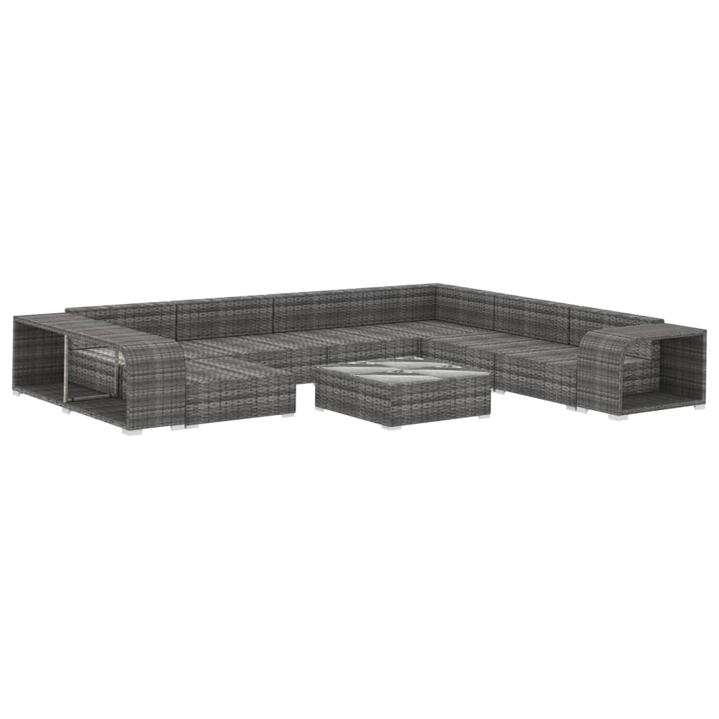 10-delige Loungeset met kussens poly rattan grijs