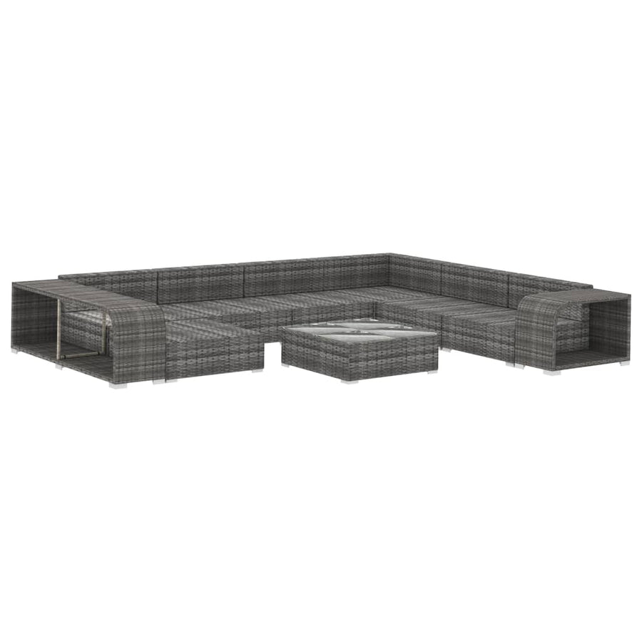 10-delige Loungeset met kussens poly rattan grijs