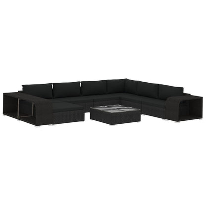 10-delige Loungeset met kussens poly rattan zwart