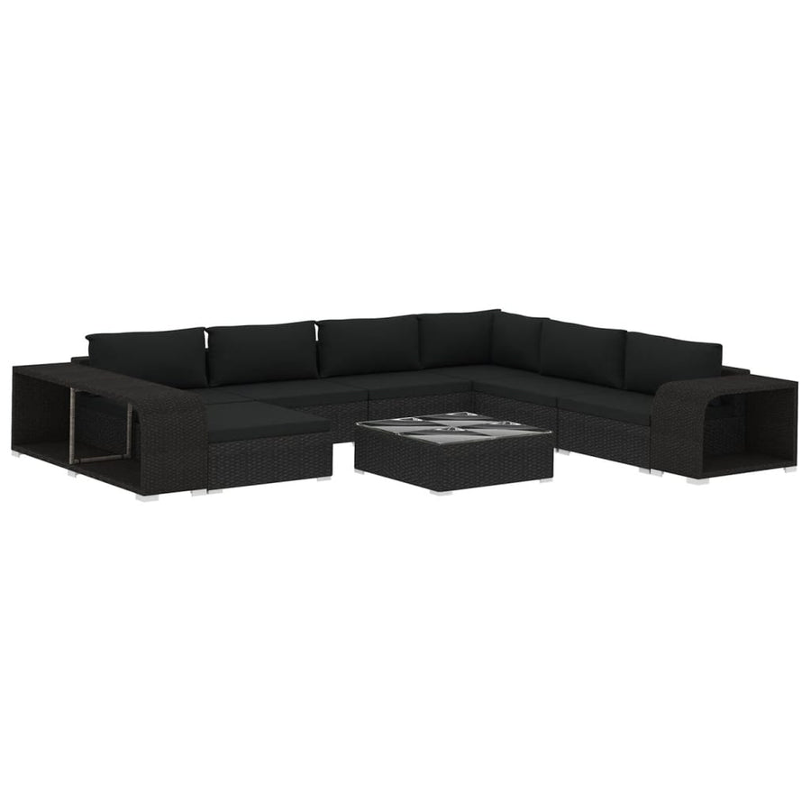 10-delige Loungeset met kussens poly rattan zwart