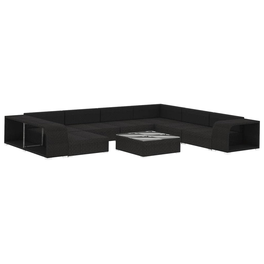 10-delige Loungeset met kussens poly rattan zwart