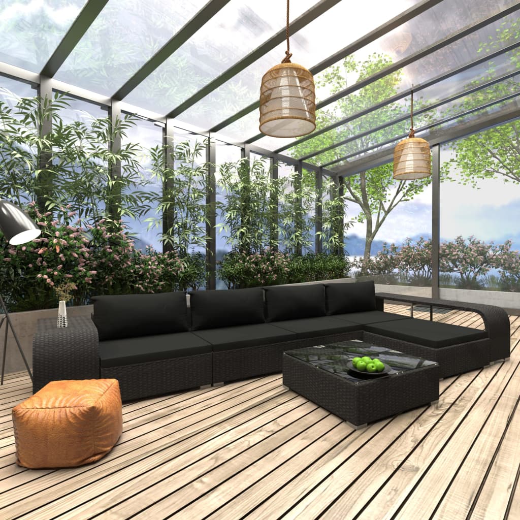 8-delige Loungeset met kussens poly rattan zwart